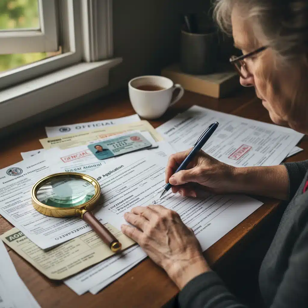 Hands filling out a LIHEAP application form with pen and documents.
