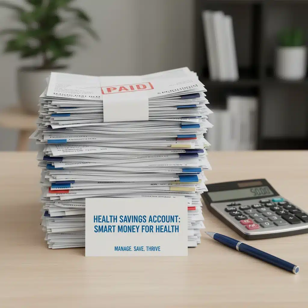 Organized medical bills and calculator, illustrating HSA expense management.