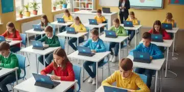 Students engaged in digital standardized testing in a modern classroom setting