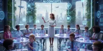 Children learning AI literacy in a futuristic classroom setting with interactive screens and holographic displays.