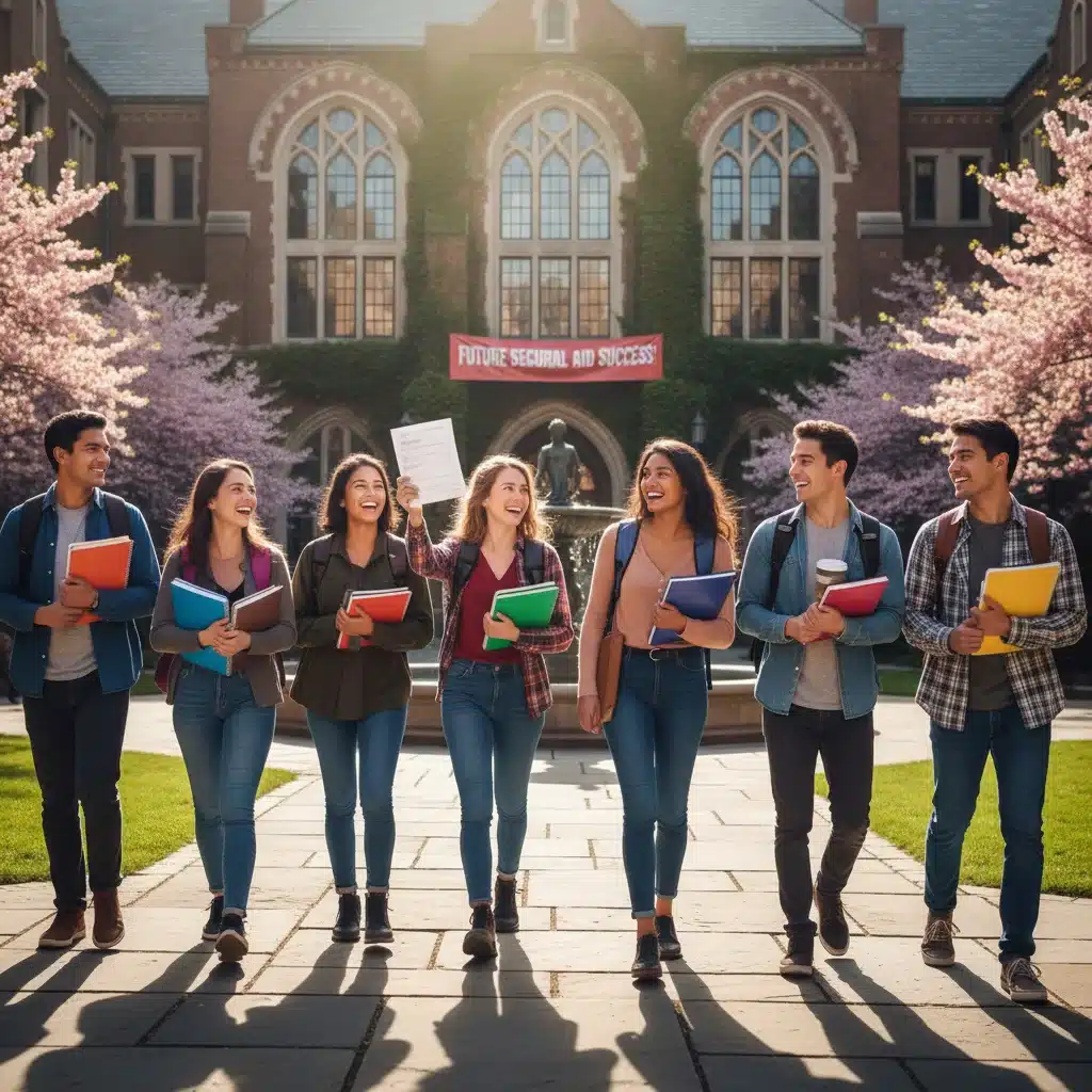 Diverse college students walking on campus after securing federal student aid.