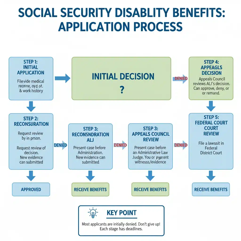 Flowchart illustrating the Social Security Disability application process steps
