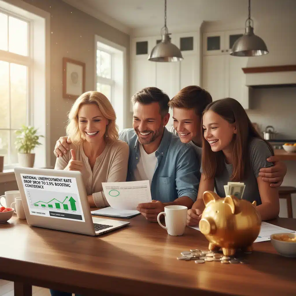 Family reviewing household budget with optimism due to economic stability