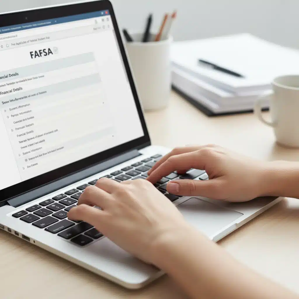 Student typing on laptop, filling out FAFSA form for federal student aid.