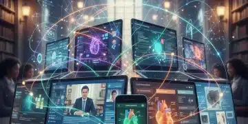 Futuristic virtual learning environment with interconnected devices and glowing data streams