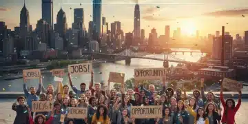 People celebrating job growth and economic opportunity in a thriving cityscape