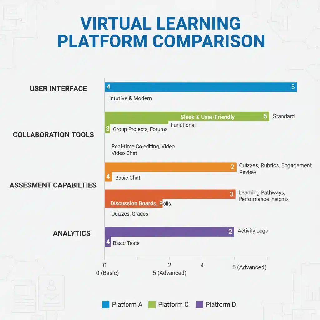 Infographic comparing key features and functionalities of leading virtual learning platforms