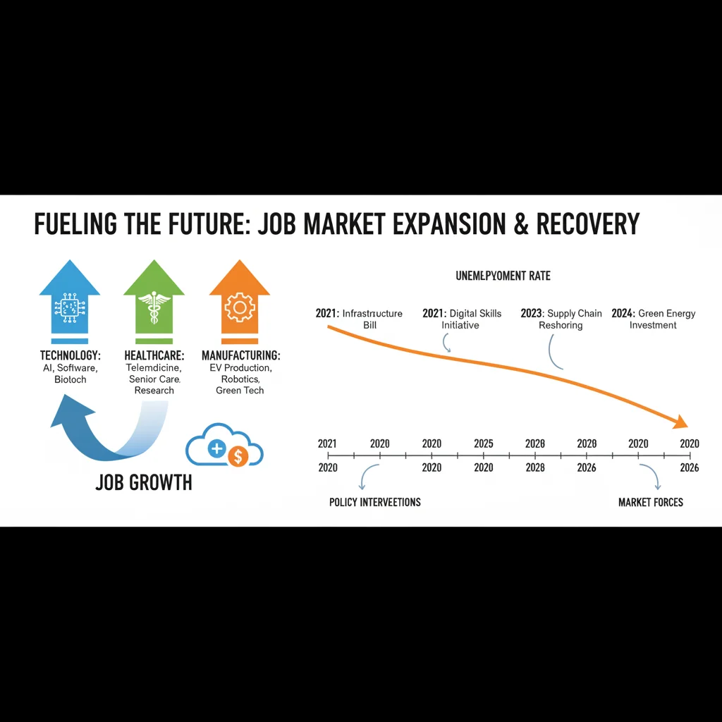 Infographic showing sector-wise job growth and unemployment rate decline