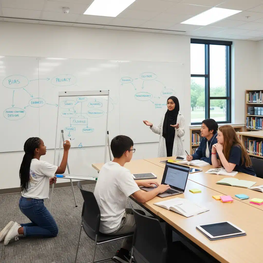 Teenagers discussing ethical AI design in a collaborative school environment.