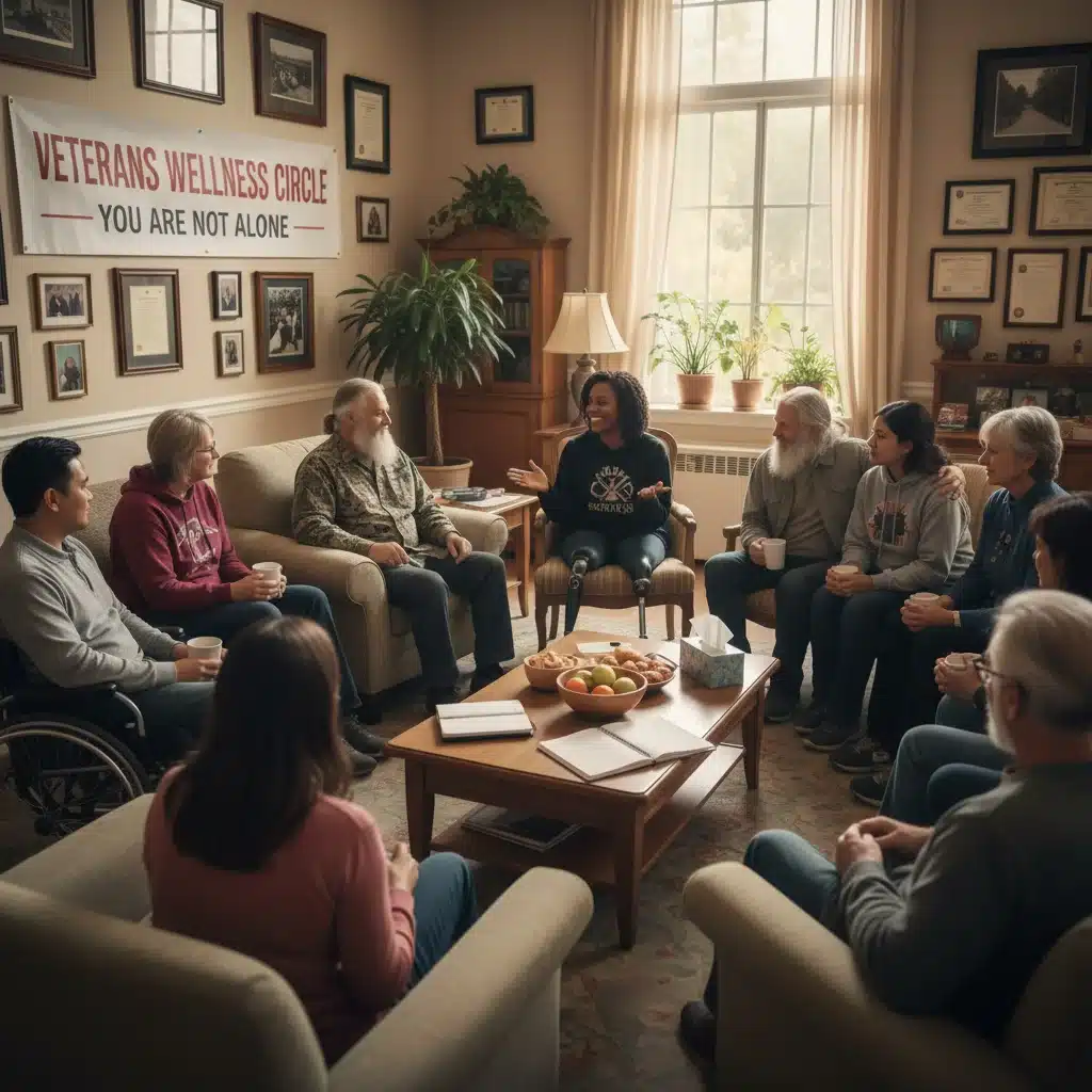 Veterans in a support group, fostering community and mental wellness, discussing benefits.