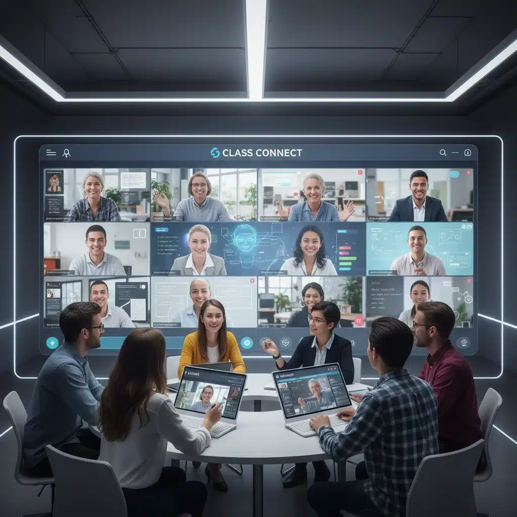 Diverse students and educators collaborating in a virtual classroom setting