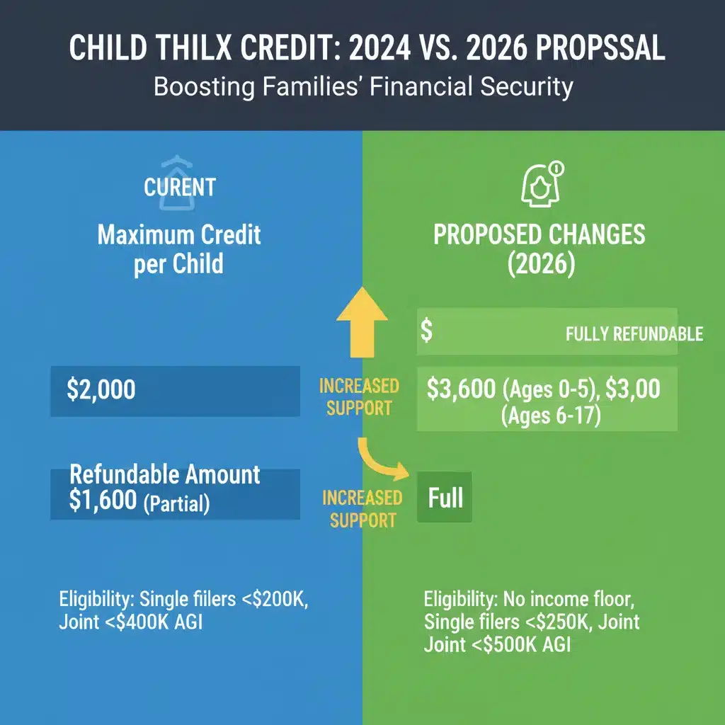 Infographic comparing current and proposed Child Tax Credit 2026 changes