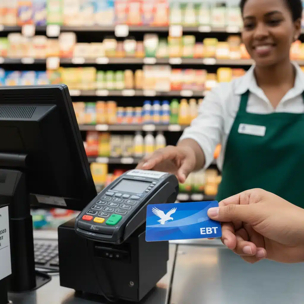 EBT card being used at grocery store checkout.