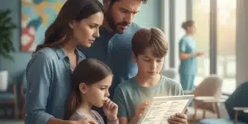 Family discussing healthcare documents on tablet, concerned expression