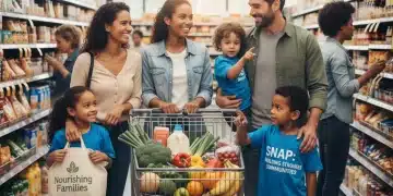 Family happily shopping with SNAP benefits, fresh produce in cart.