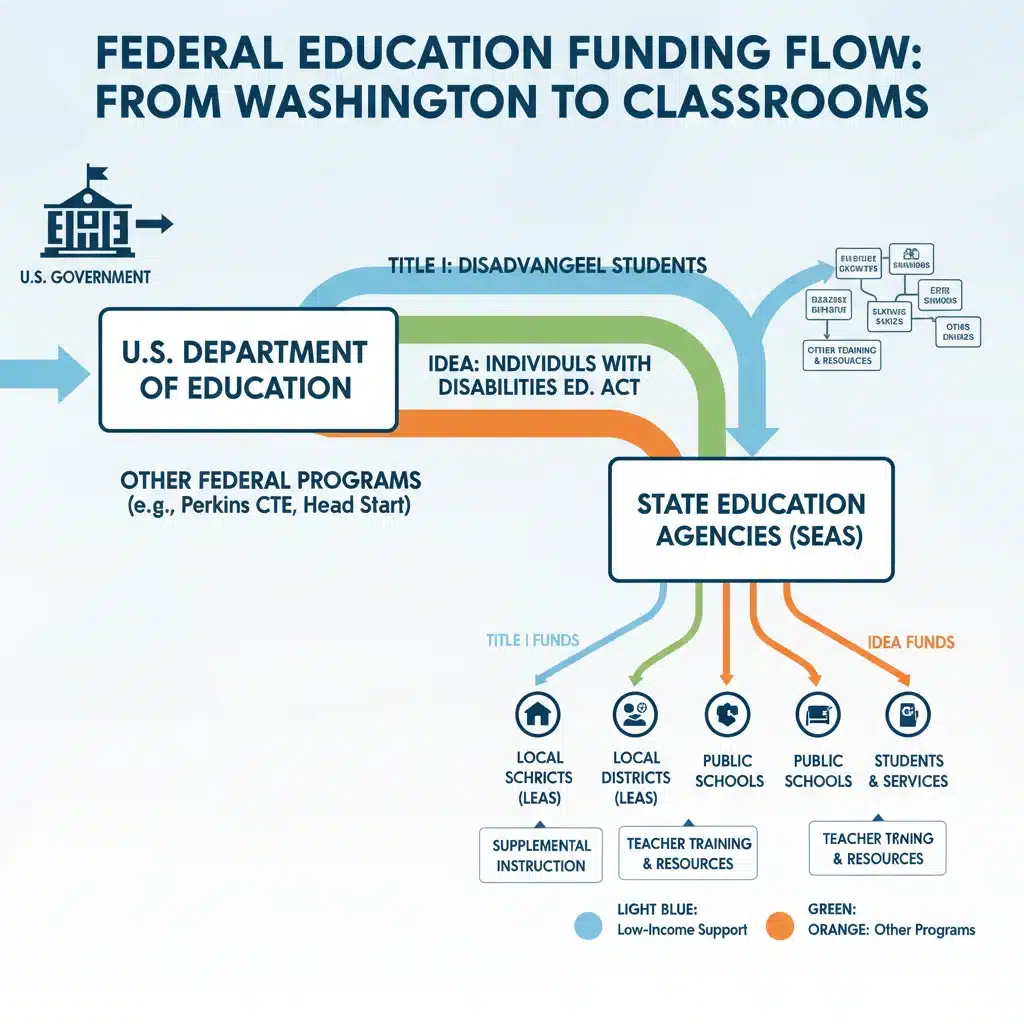 Infographic showing the allocation and flow of K-12 federal education funds to school districts.