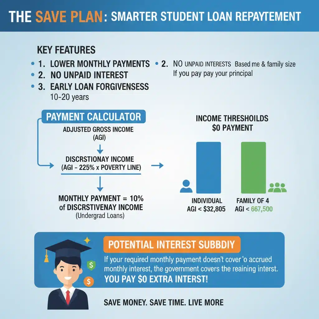 Infographic explaining SAVE Plan benefits and mechanics