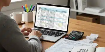 Person reviewing tax documents and laptop for 2026 federal tax refund