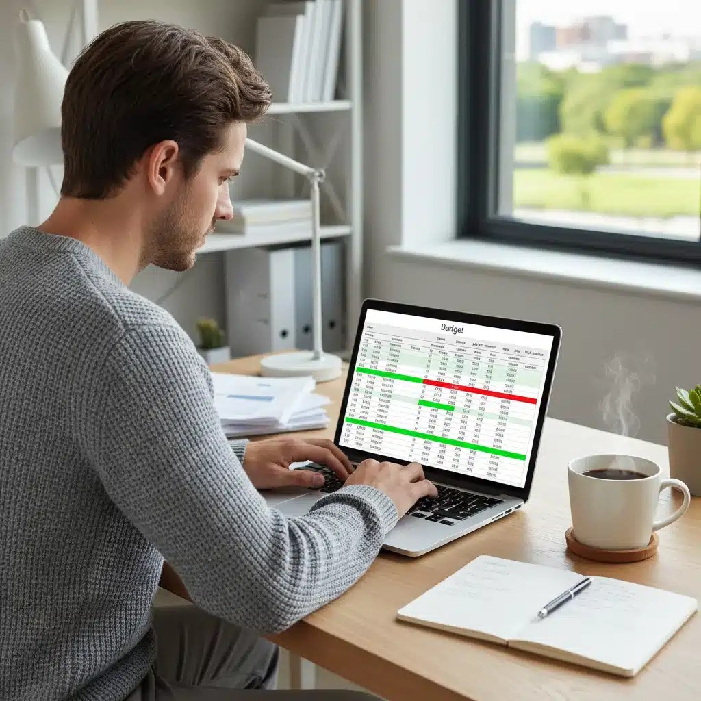Person reviewing a budget spreadsheet on a laptop, emphasizing financial management.