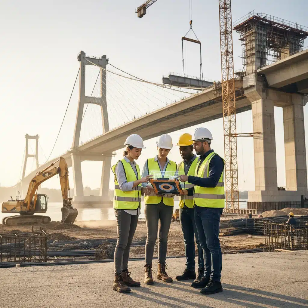 Construction workers reviewing plans at project site