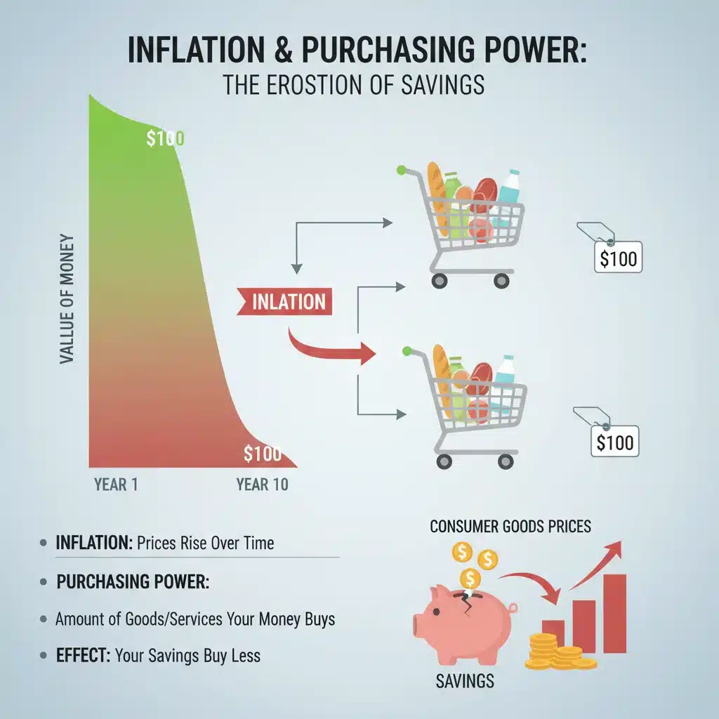 Infographic illustrating the impact of inflation on consumer purchasing power and savings.