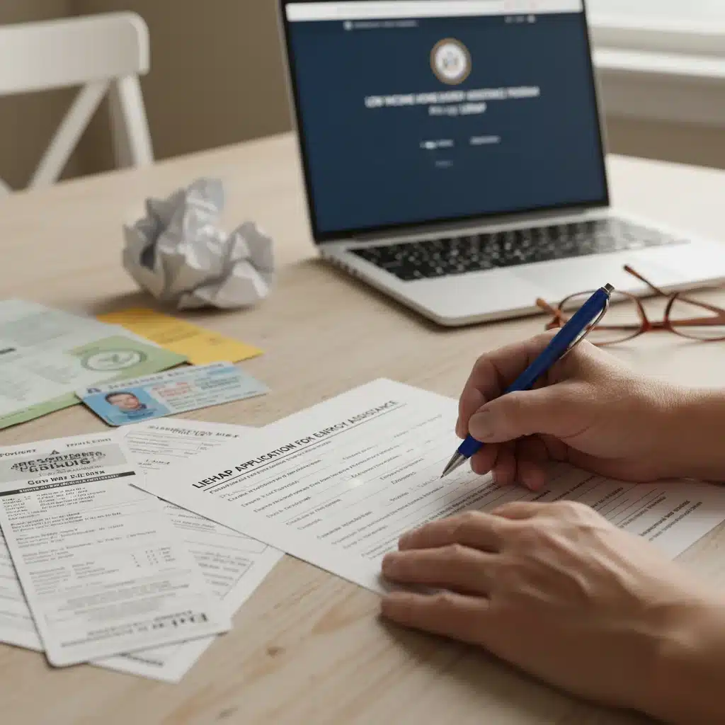 Hands filling out LIHEAP application form with pen and documents