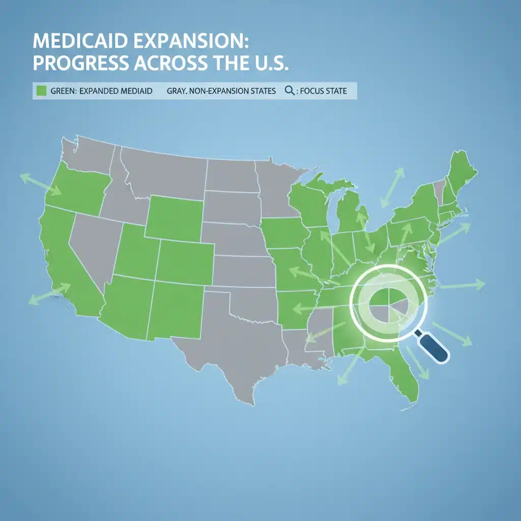 Map of the United States showing Medicaid expansion states and non-expansion states