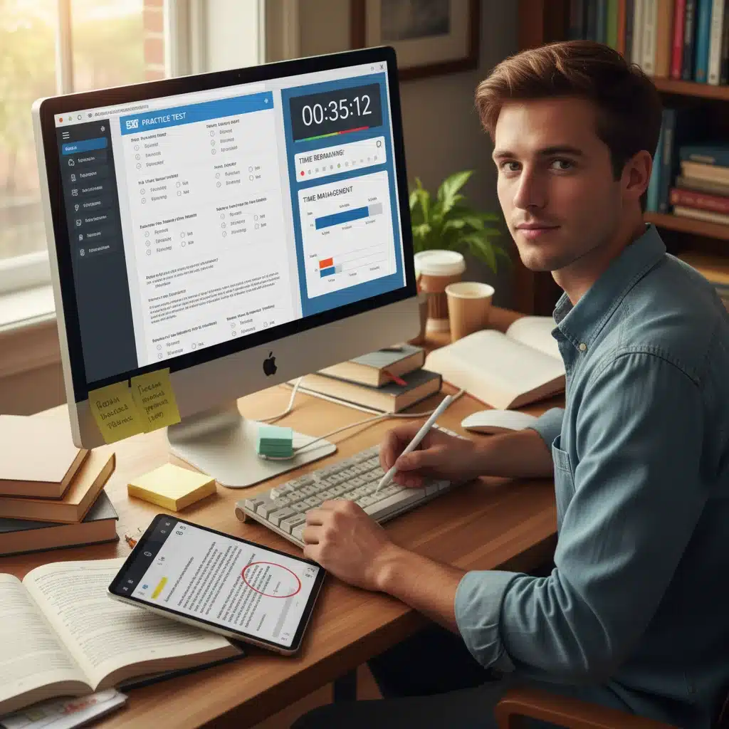 Student confidently taking an online practice standardized test, managing time effectively