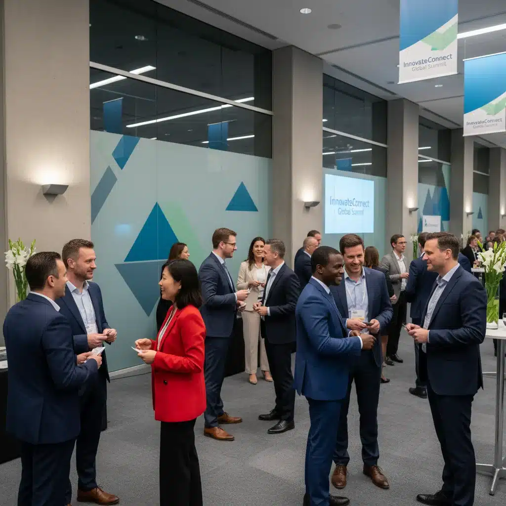 Diverse professionals networking at a career fair, exchanging business cards and smiling.