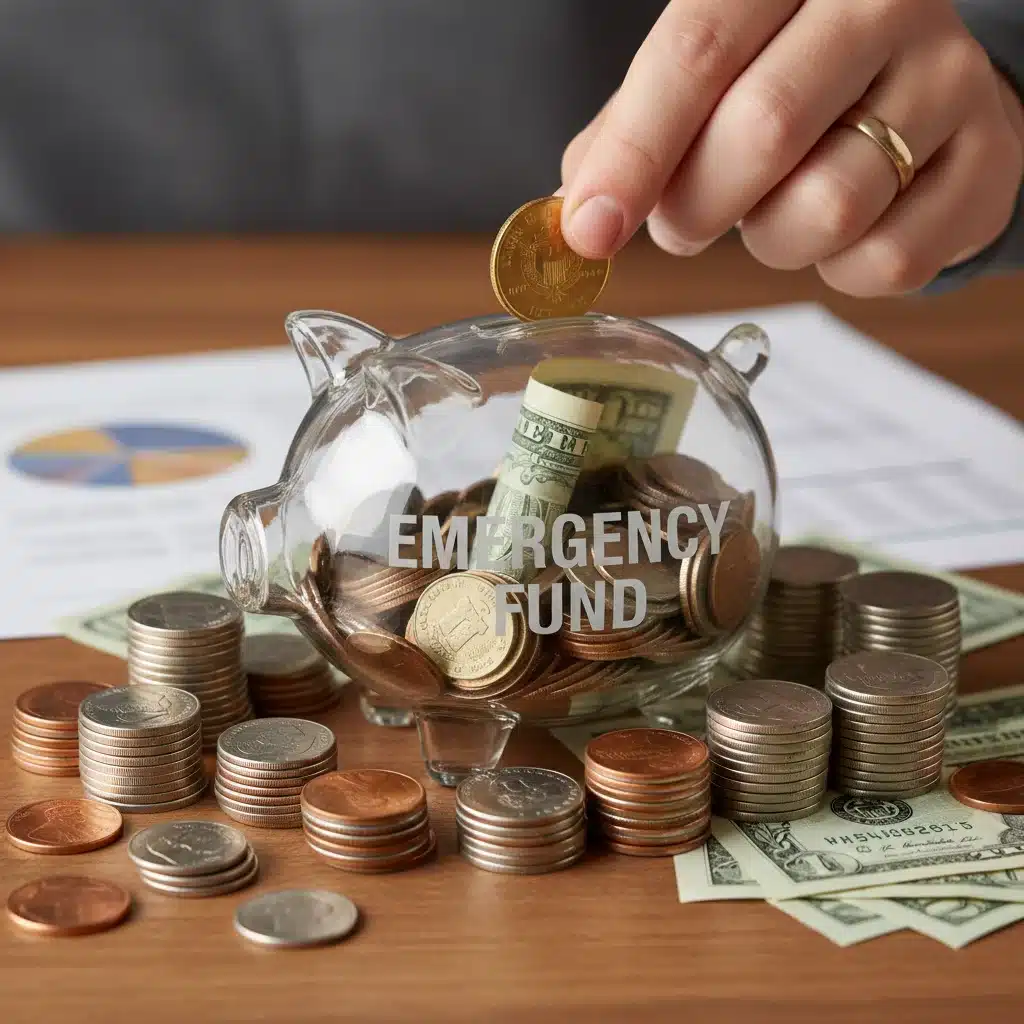 Hand placing a coin into an emergency fund piggy bank, illustrating consistent saving.