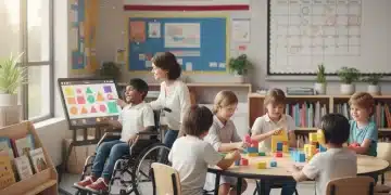 Diverse students and teacher in an inclusive 2026 special education classroom