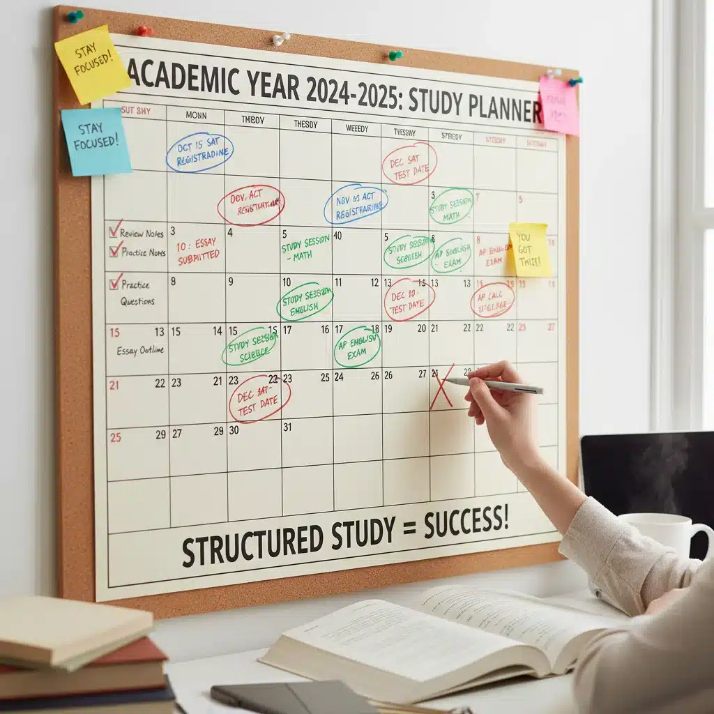 Detailed study calendar with test dates and deadlines marked for standardized test preparation