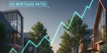 Modern residential street with financial graph indicating rising 2026 mortgage rates
