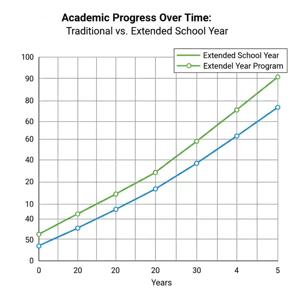 Academic progress chart comparing extended and traditional school years, highlighting improved learning outcomes.