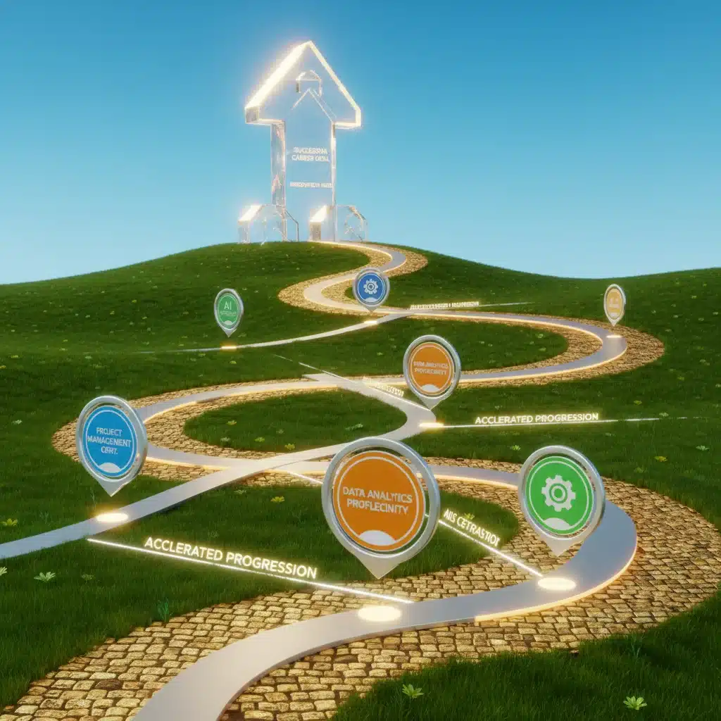 Winding career path with micro-credential shortcuts leading to career advancement.