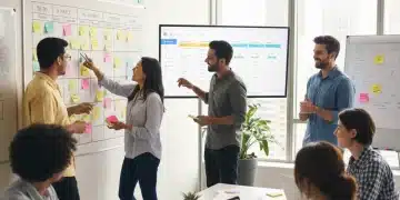 Agile team collaborating on a project board, demonstrating effective project management.