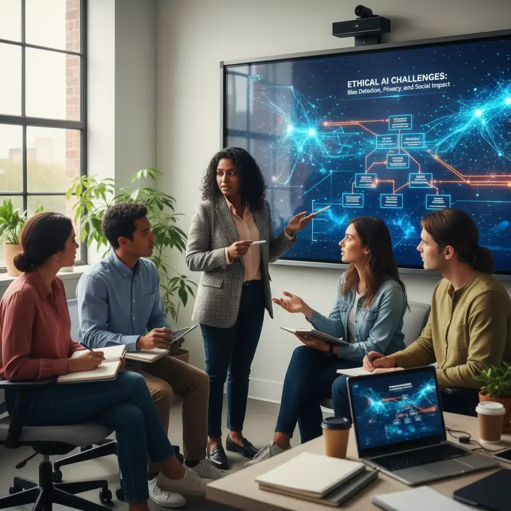 Educator guiding students in AI-powered critical thinking exercise.