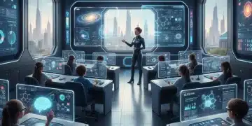 AI in K-12 Curriculum: Essential Areas for Educators by 2026 Students and teacher engaging with AI learning tools in a modern classroom.