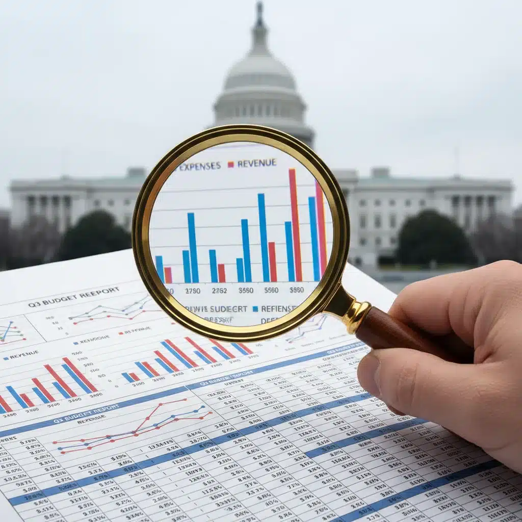 Magnifying glass examining detailed financial documents of the federal budget.