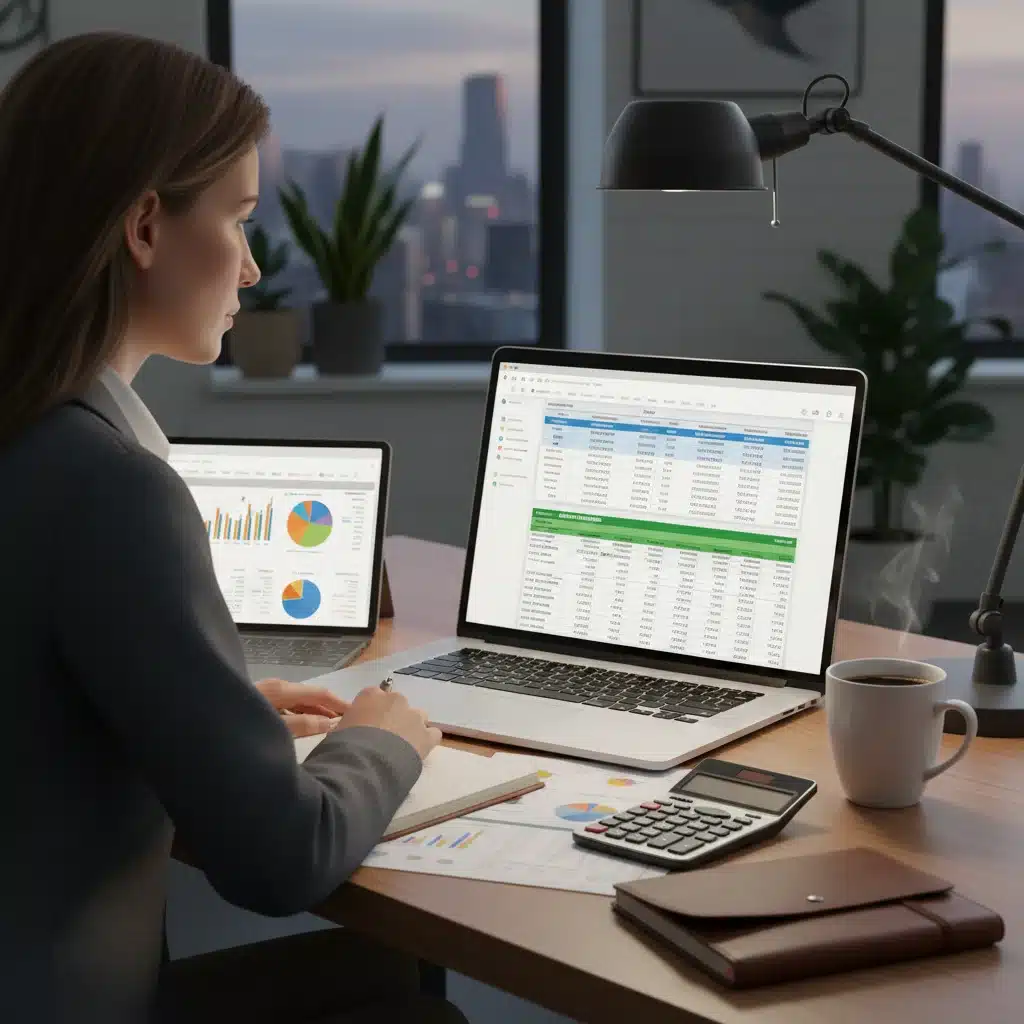 Person analyzing financial data on a laptop, calculating life insurance costs and policy projections.