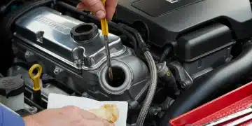 Person checking car engine oil level with dipstick