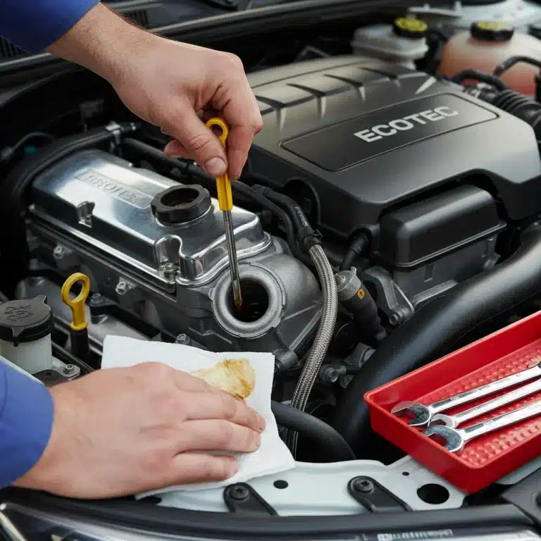 Person checking car engine oil level with dipstick