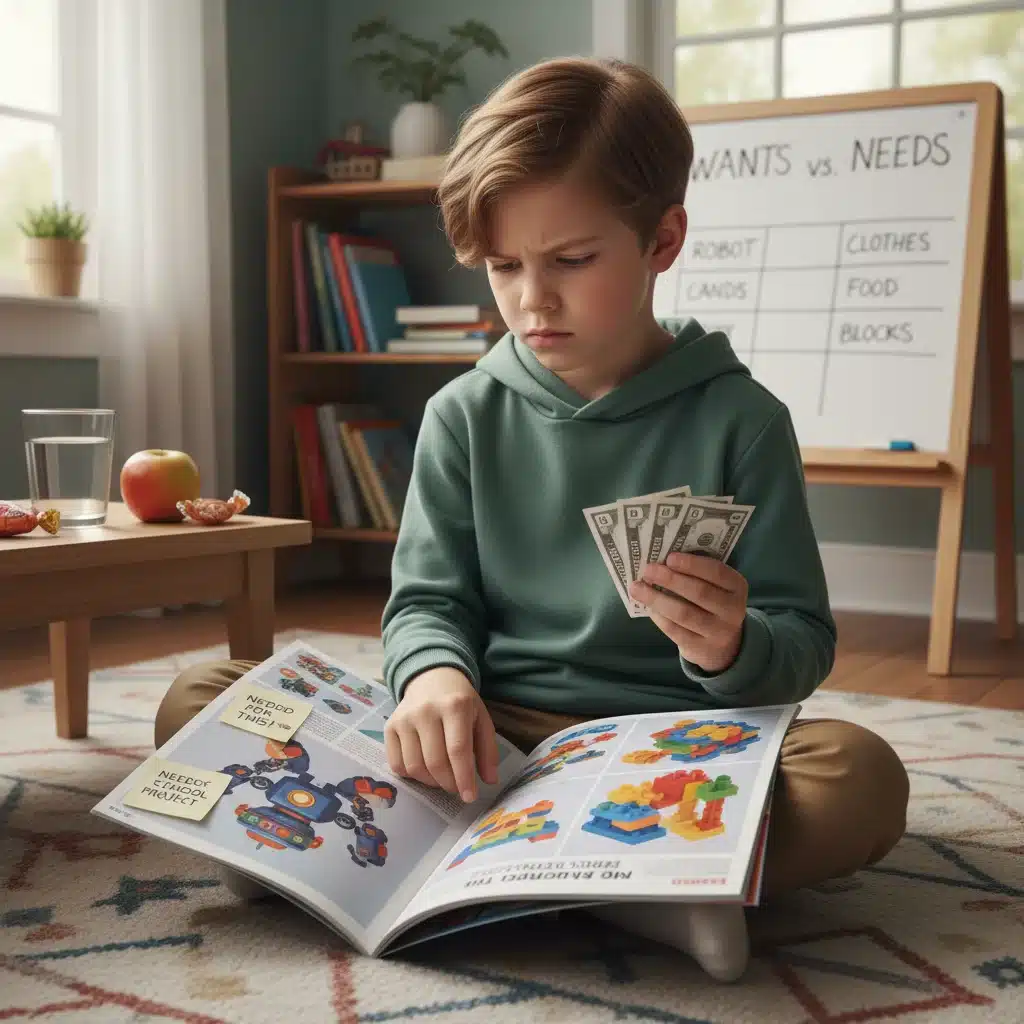 Child making a purchasing decision with play money, understanding wants vs needs.