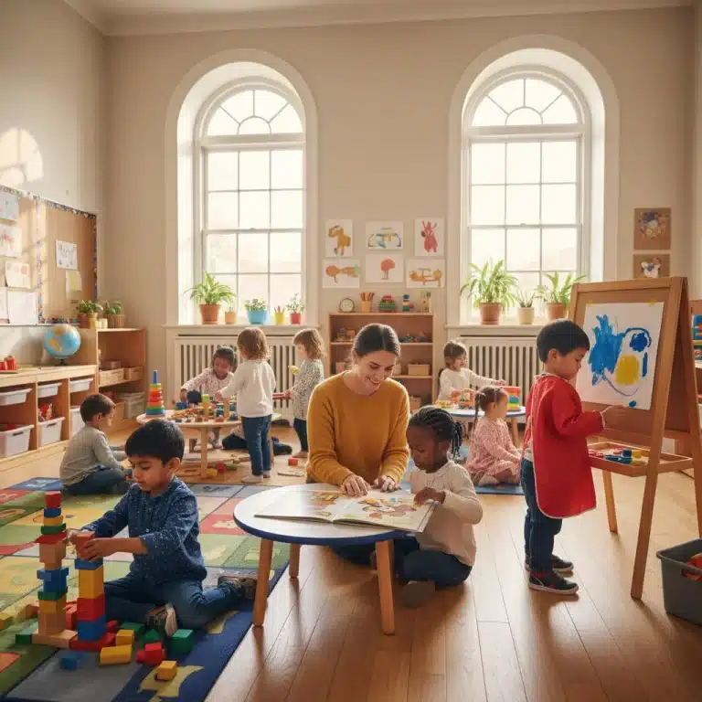 Children happily engaged in learning activities in a well-funded early childhood education classroom.