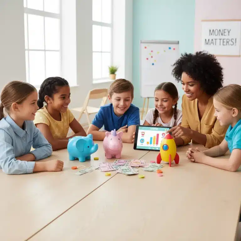 Children learning about money with piggy banks and a tablet, guided by an adult.