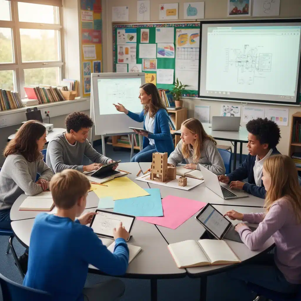 Students collaborating in a modern classroom with teacher support and integrated technology.