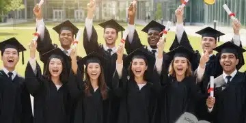 Students celebrating college scholarship success with diplomas and financial aid symbols