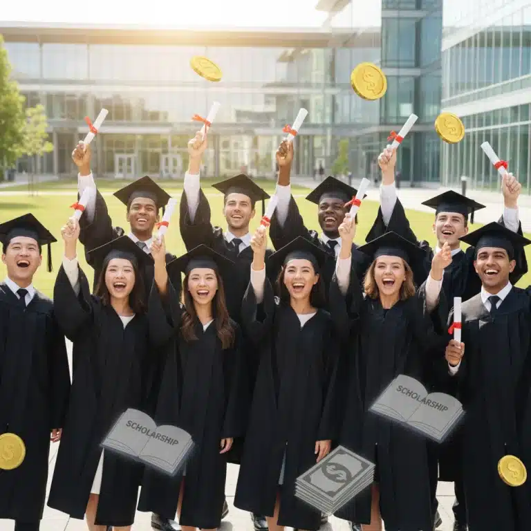 Students celebrating college scholarship success with diplomas and financial aid symbols