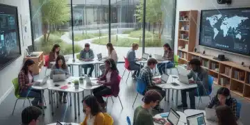 Students using digital devices in a connected classroom