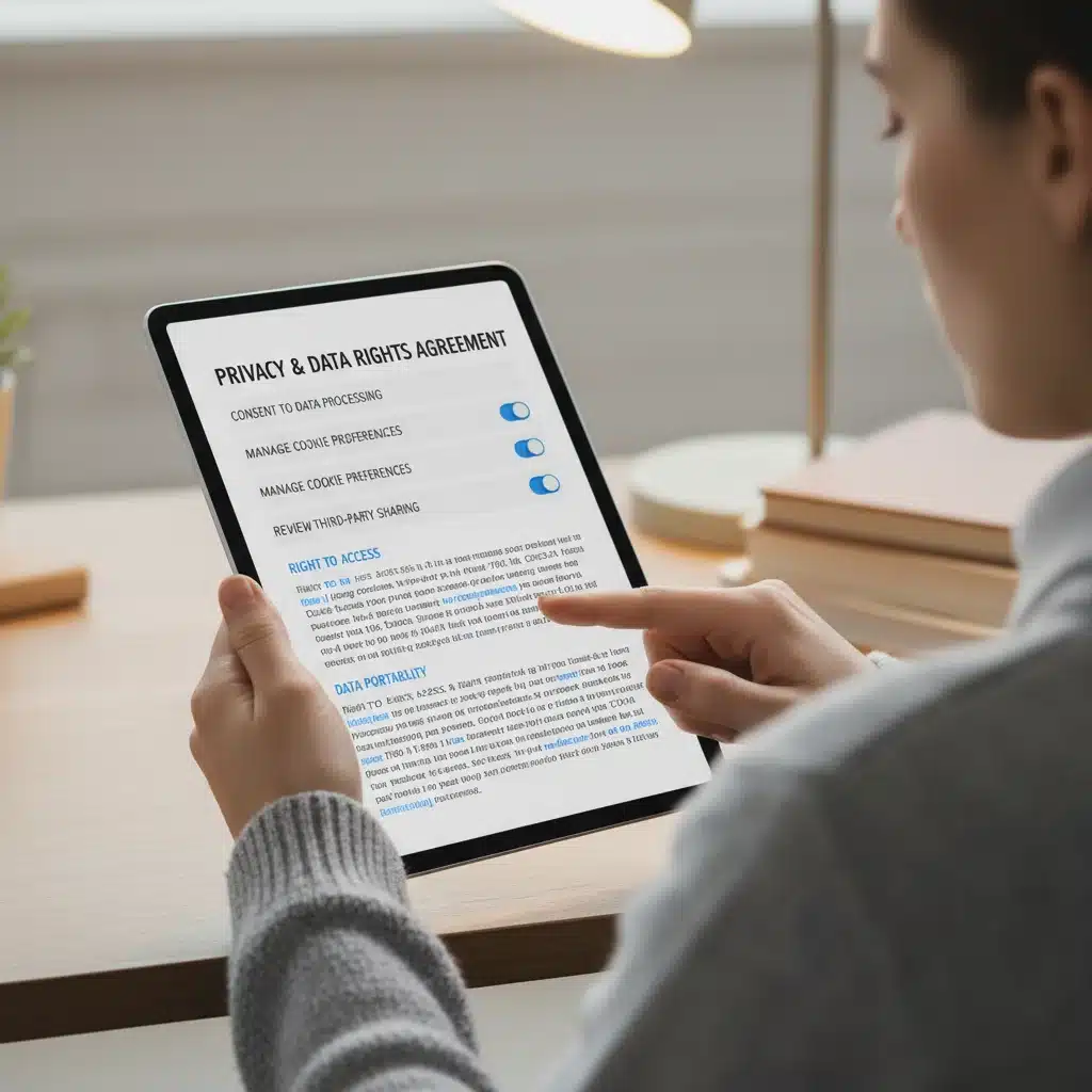 Individual reviewing digital privacy settings and legal documents on a tablet, emphasizing consumer data rights.